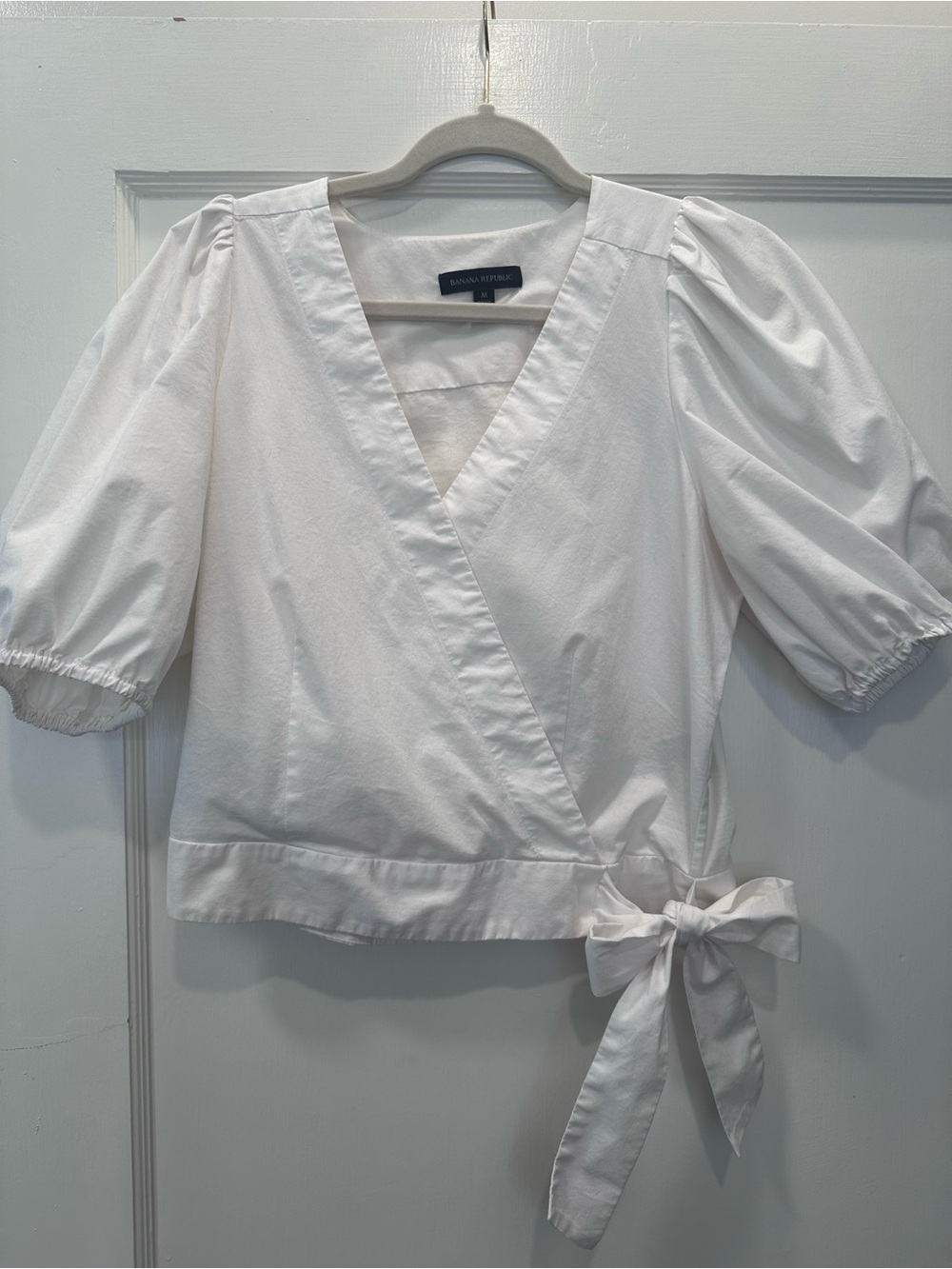 Banana Republic White Poplin Puff Sleeve Wrap Top with Side Tie